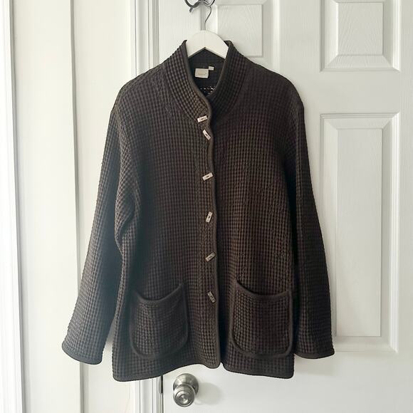 Focus Jackets & Blazers - FOCUS Cotton Chocolate Brown Waffle Texture Lagenlook Wood Buttons Jacket XL